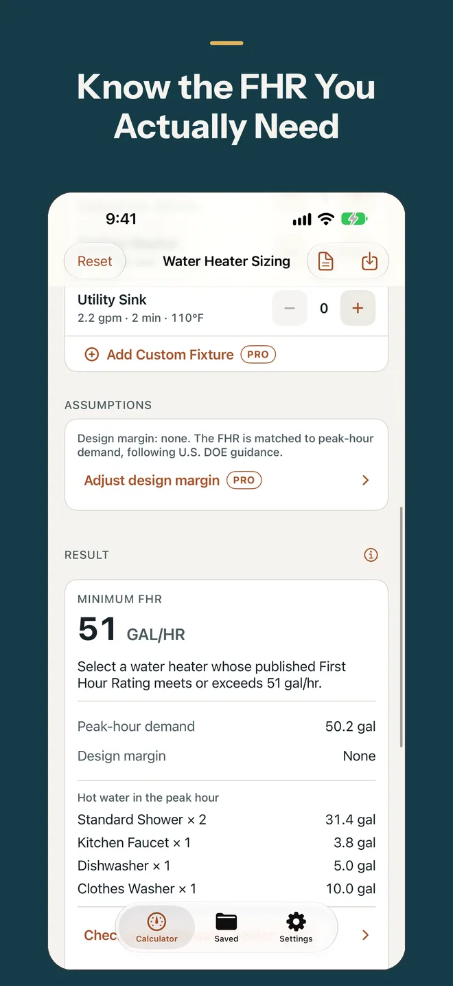 Screenshot of Water Heater Sizing Calculator on iPhone