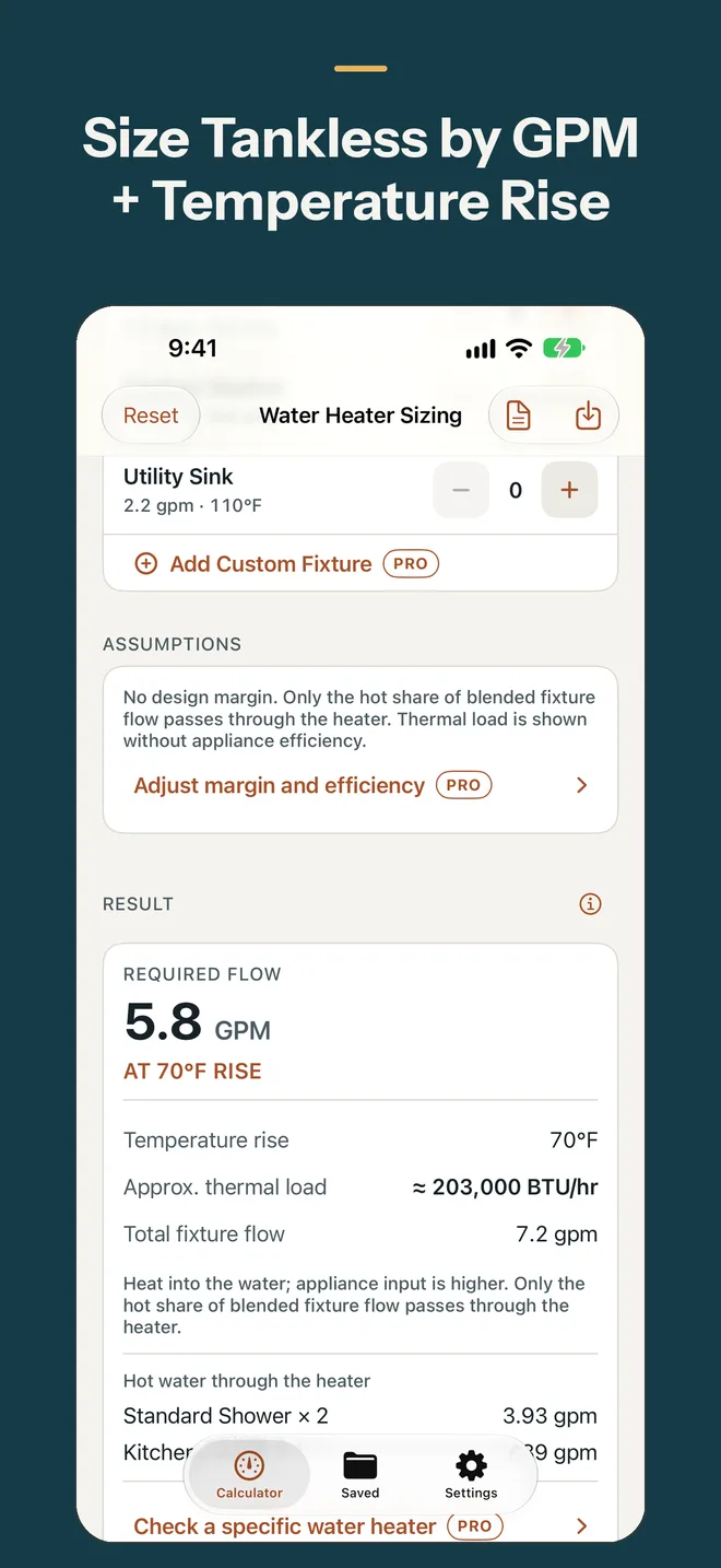 Tankless result: required flow at the temperature rise